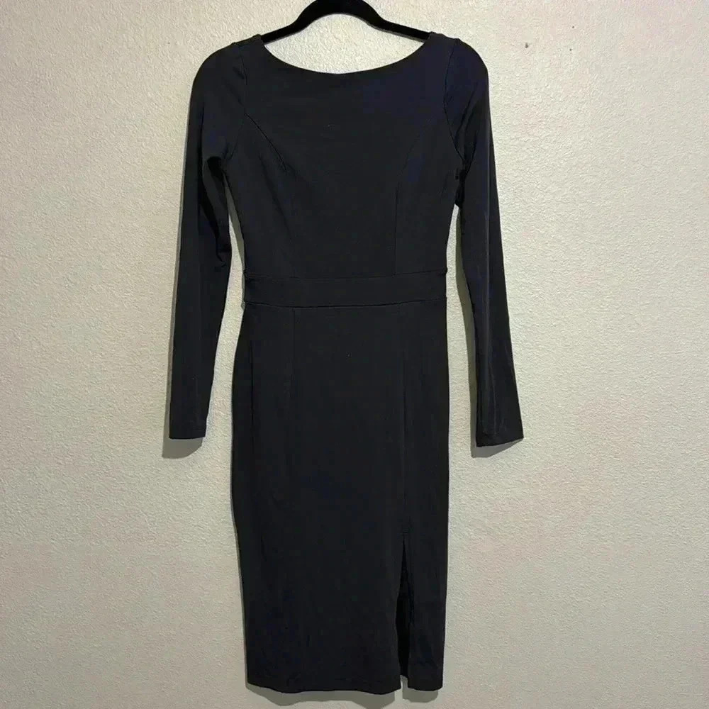 Susana Monaco Open Side Slit Fitted Long Sleeve Midi Dress Classic Evening